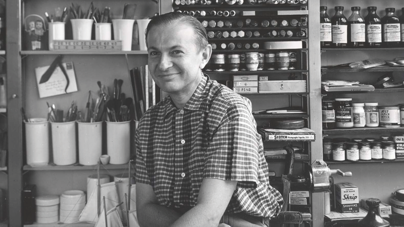 “Alexander Girard in his studio,” early 1950s, by Charles Eames. (Palm Springs Art Museum)