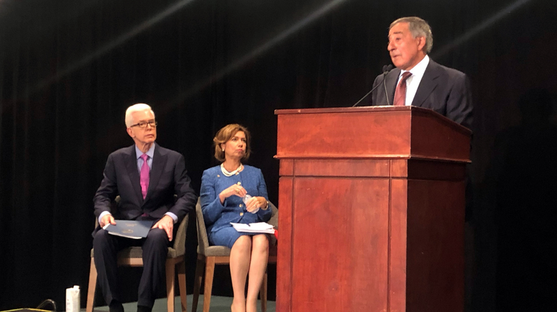 Former California Governor Gray Davis, business leader Maria Contreras-Sweet, and former Secretary of Defense Leon Panetta spoke to media at a 2019 press conference near LAX. (Pablo Kay)