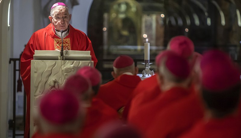 Archbishop Jose H. Gomez of Los Angeles, president of the U.S. Conference of Catholic Bishops, and bishops from California, Hawaii and Nevada concelebrate Mass in the crypt of St. Peter's Basilica during their "ad limina" visits to the Vatican Jan. 27, 2020. (CNS photo/Stefano Dal Pozzolo)