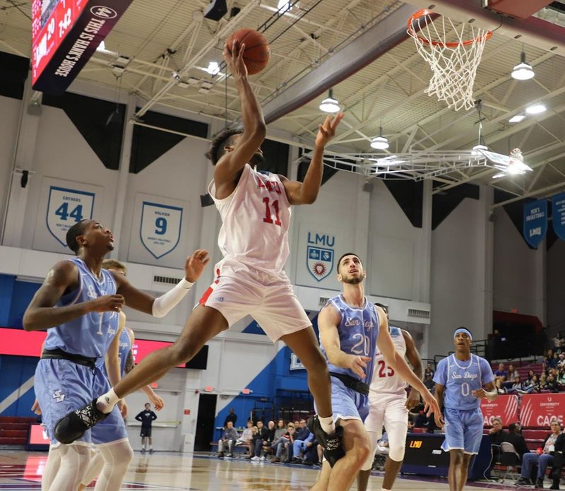 LMU’s Parker Dortch scores two of his 12 points in the Lions’ win over San Diego Jan. 2. (LMU Athletics)