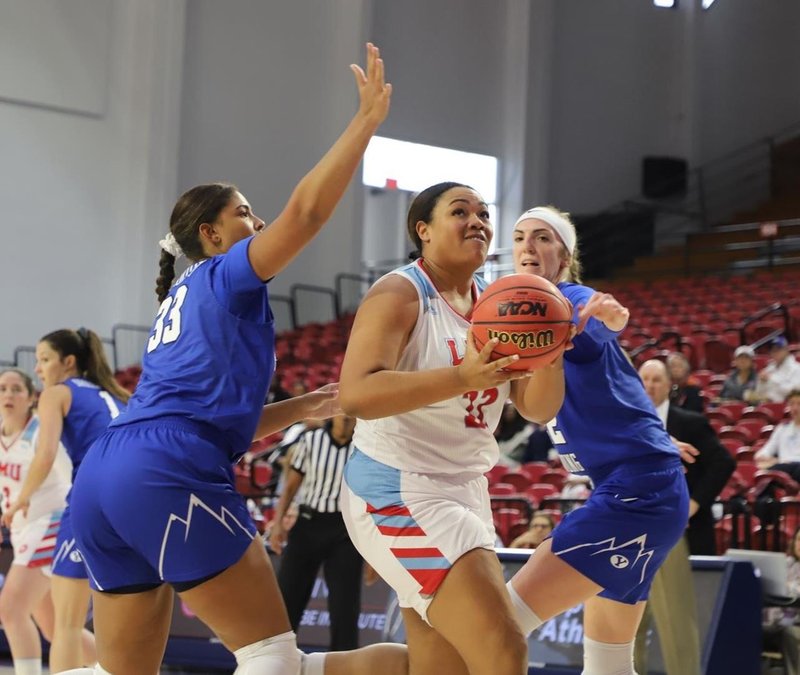 LMU’s Raychel Stanley, shown here against BYU, had 12 rebounds in the Lions’ 67-59 loss to San Diego Dec. 30. (LMU Athletics)