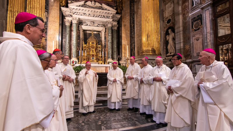 Los Angeles and Orange bishops pray in the Papal Basilica of St. John Lateran during their recent ad limina trip to Rome. St. John Lateran is one of the Station Churches, to be visited on the Sunday of the first week of Lent. (Anthony Johnson)