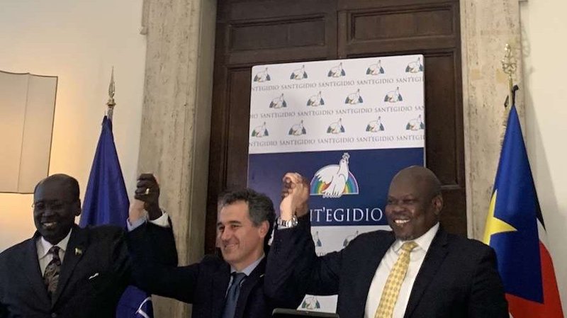 Barnaba Marial Benjamin of South Sudan, Paolo Impagliazzo of Sant'Egidio, and Pa’gan Amum Okiech, Interim Chairman of Sudan People’s Liberation Movement. (Courtney Mares/CNA)