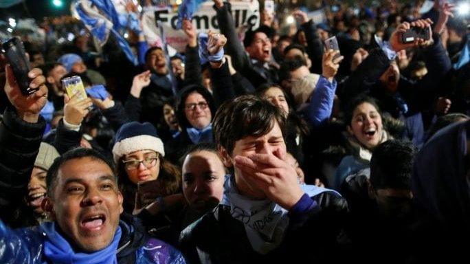Pro-life advocates react in Buenos Aires, Argentina, Aug. 9 after lawmakers voted against a bill that would have legalized abortion. Argentina's Senate voted against the bill in the early hours of Aug. 9, dashing the hopes of supporters of legal abortion in the predominantly Catholic country, homeland of Pope Francis. (CNS photo/Agustin Marcarian, Reuters via Crux)