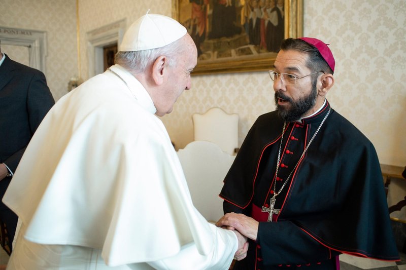 Pope Francis greets Bishop Daniel E. Flores of Brownsville, Texas, during a meeting with U.S. bishops from Arkansas, Oklahoma and Texas during their "ad limina" visits to the Vatican Jan. 20, 2020. (CNS photo/Vatican Media)