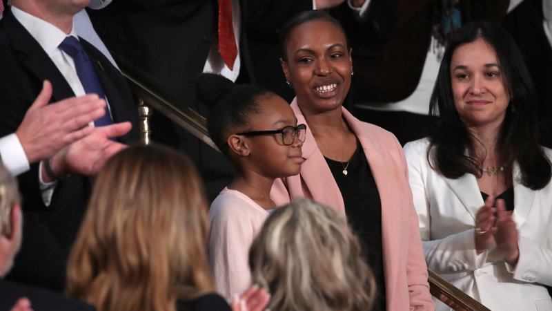 Janiyah Davis, a fourth grade student from Philadelphia, and her mother, Stephanie, smile after being recognized by U.S. President Donald Trump during his State of the Union address Feb. 4, 2020, at the Capitol in Washington. Trump spoke directly to Janiyah Davis while discussing his plans for school choice and federal tax credits.(CNS photo/Tom Brenner, Reuters)
