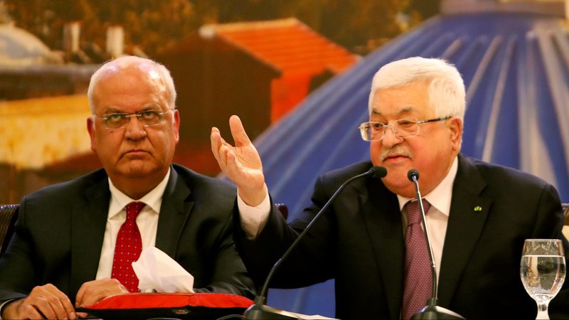 Palestinian President Mahmoud Abbas gestures as he delivers a speech in Ramallah, West Bank, Jan. 28, 2020. (CNS photo/Raneen Sawafta, Reuters)