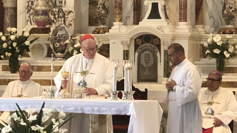 New York Cardinal Timothy M. Dolan concelebrates Mass at the Shrine of Our Lady of Charity in El Cobre, Cuba, Feb. 8, 2020. After arriving in Cuba Feb. 7, the cardinal began the six-day trip to the island with a visit to the shrine, assuring Cubans that in any difficulty a person may face, God is always present. (CNS photo/Rhina Guidos)