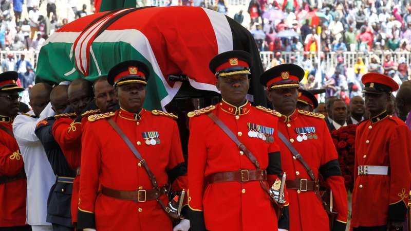 Military officers escort a gun carriage carrying the coffin of former Kenyan President Daniel arap Moi during his state funeral procession to the Nyayo Stadium in Nairobi Feb.11, 2020. Moi died Feb.4. (CNS photo/Njeri Mwangi, Reuters)