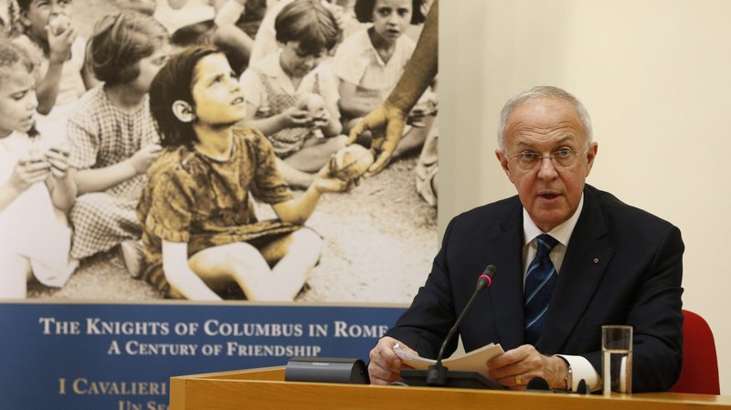 Supreme Knight Carl A. Anderson of the Knights of Columbus speaks at a news conference in Rome Feb. 11, 2020. The news conference was held to highlight the work of the Knights at the Vatican and in Rome as they mark the 100th anniversary of their active presence in the Eternal City. (CNS photo/Paul Haring)