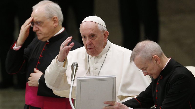 Pope Francis delivers his blessing as he leads his general audience in Paul VI hall at the Vatican Feb. 12, 2020. (CNS photo/Paul Haring)