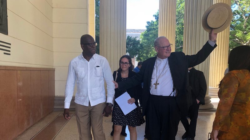 New York Cardinal Timothy M. Dolan stops for a quick tour of the University of Havana Feb. 11, 2020. The archbishop of New York later met with Cuban President Miguel Diaz-Canel Bermuda, who invited him to visit the island. (CNS photo/Rhina Guidos)