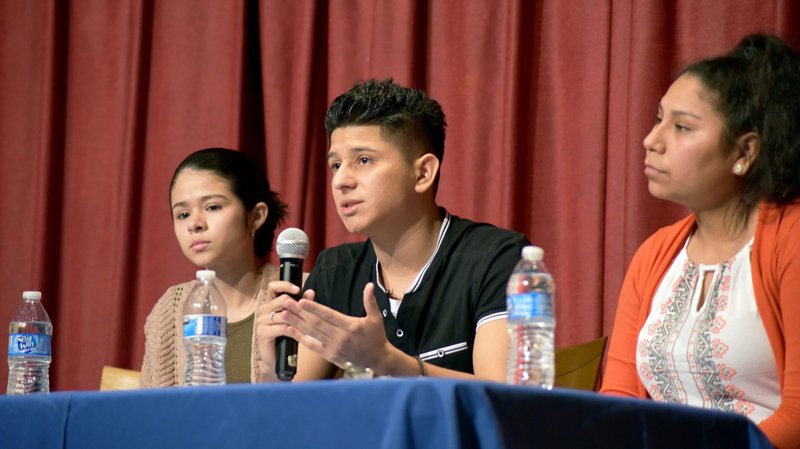 Immigrant students at Marymount University in Arlington, Va., lead a panel discussion Feb. 12, 2020. Student panelists were Mirna, who declined to have her last name used, Derman Amaya and Veronica Olivera. (CNS photo/Nicholas Munson, courtesy Marymount University)
