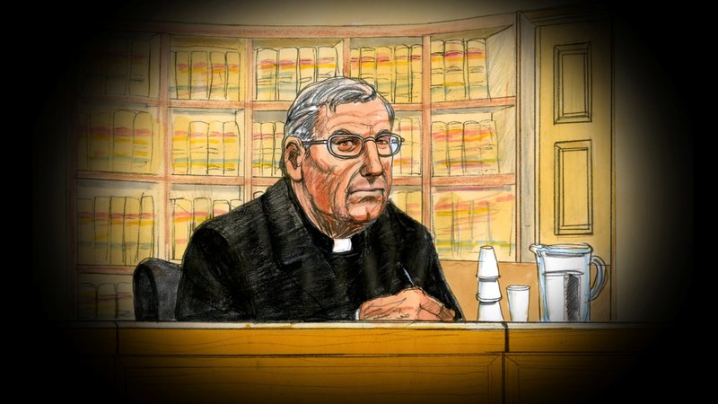 Australian Cardinal George Pell is depicted in this courtroom sketch during his June 5, 2019, appearance at the Supreme Court of Victoria in Melbourne. (CNS illustration/Jeff Hayes, handout via Reuters)