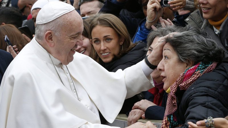 Pope Francis greets the crowd during his general audience in St. Peter's Square at the Vatican Feb. 26, 2020. (CNS photo/Paul Haring)