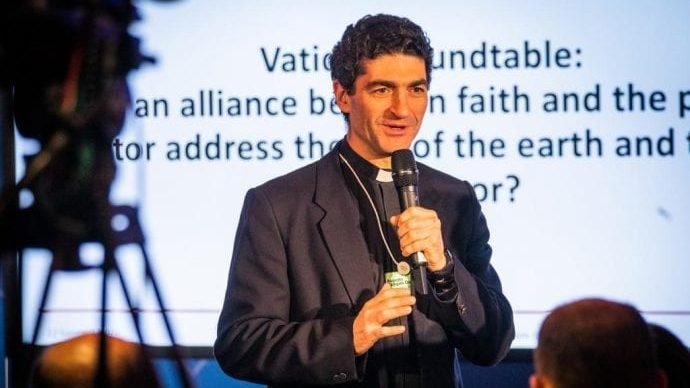 Fr. Augustin Zampini Davis speaking at the Vatican's Round Table during Davos' World Economic Forum in jan. 2020. (Courtesy Dicastery for Integral Human Development via Crux)