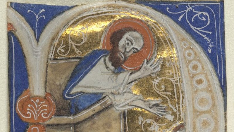 “St. Paul Preaching,” a historiated initial excised from a Bible, circa 1200s. (Wikimedia Commons)