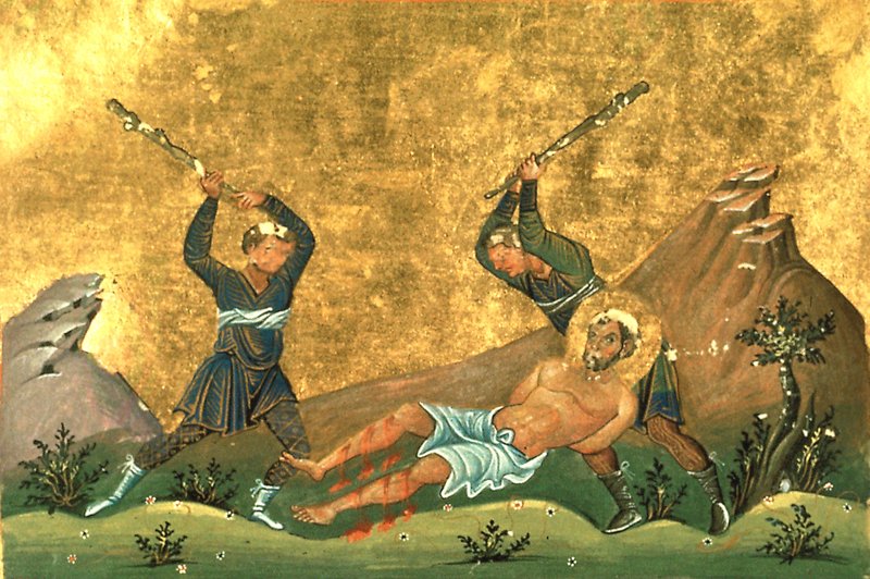 Painting depicting death of Onesimus, from the Menologion of Basil II (c. 1000 AD). (Wikipedia)