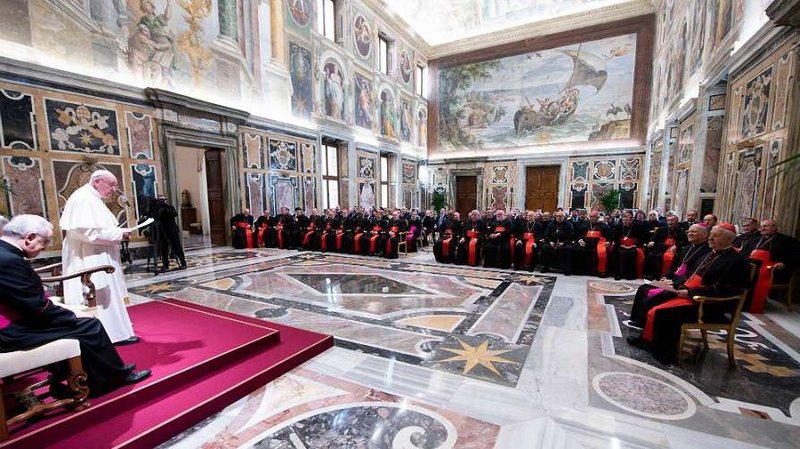 Pope Francis addresses participants in the plenary of the Congregation for Catholic Education in the Vatican's Clementine Hall, Feb. 20, 2020. (Vatican Media via CNA)