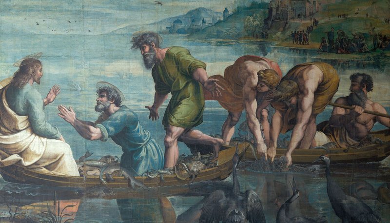 “The Miraculous Draught of Fishes” (1515), one of the seven remaining “Raphael Cartoons” for tapestries for the Sistine Chapel (Victoria and Albert Museum). (Wikimedia Commons)