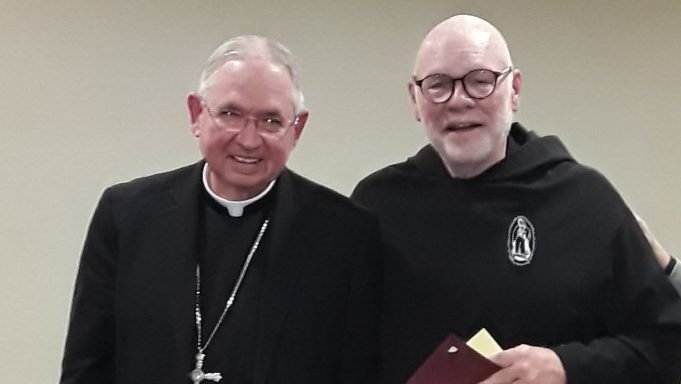 Brother Kevin with Archbishop Gomez after receiving this year's Brotherhood Award on Feb. 9, 2020. (Courtesy Brother Kevin Dismas Moshier)