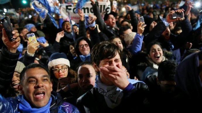 Pro-life advocates react in Buenos Aires, Argentina, Aug. 9 after lawmakers voted against a bill that would have legalized abortion. (Agustin Marcarian/Reuters/CNS via Crux)