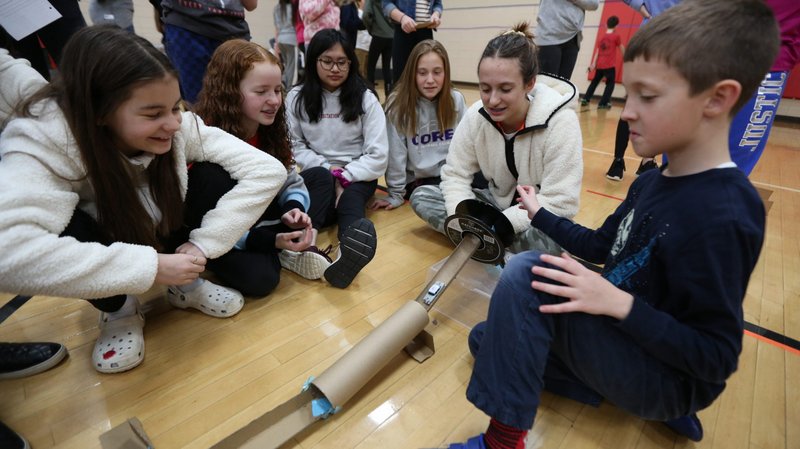 Students perform a test run on the track they built for a Matchbox car during a Catholic Schools Week event at Visitation School in Mendota Heights, Minn., Jan. 26, 2020. (CNS photo/Dave Hrbacek, The Catholic Spirit)