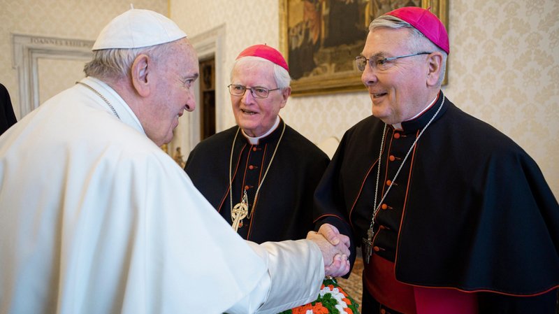 Pope Francis greets retired Bishop John K. Boland of Savannah, Ga., and Bishop Gregory J. Hartmayer of Savannah at the Vatican Feb. 13, 2020. The pope has appointed Bishop Hartmayer to be the archbishop of Atlanta. The appointment was announced in Washington March 5, 2020. (CNS photo/Vatican Media)