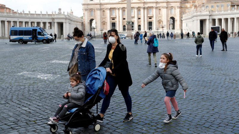 People wear protective face masks in St. Peter's Square after the Vatican reports its first case of coronavirus March 6, 2020. The Vatican health clinic was closed temporarily, the Vatican announced March 6. (CNS photo/Remo Casilli, Reuters)