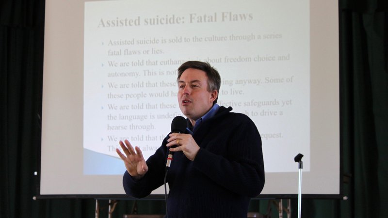 Alex Schadenberg, executive director of the Euthanasia Prevention Coalition, speaks at an event titled "Defeating Assisted Suicide in Indiana" at St. Mary Byzantine Catholic Parish in Whiting, Ind., Feb. 29, 2020. (CNS photo/Laura Ieraci)