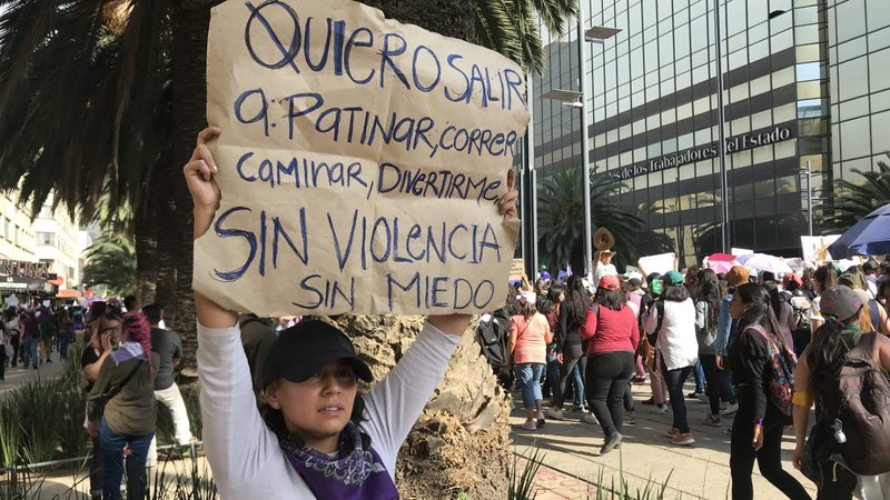 Joanely Martinez displays a sign during the women's march March 8, 2020, in Mexico City. She also participated in a national women's strike the following day. She said the government "does nothing" to protect women, who are demanding the authorities do more to stop the murder of women and girls. (CNS photo/David Agren)