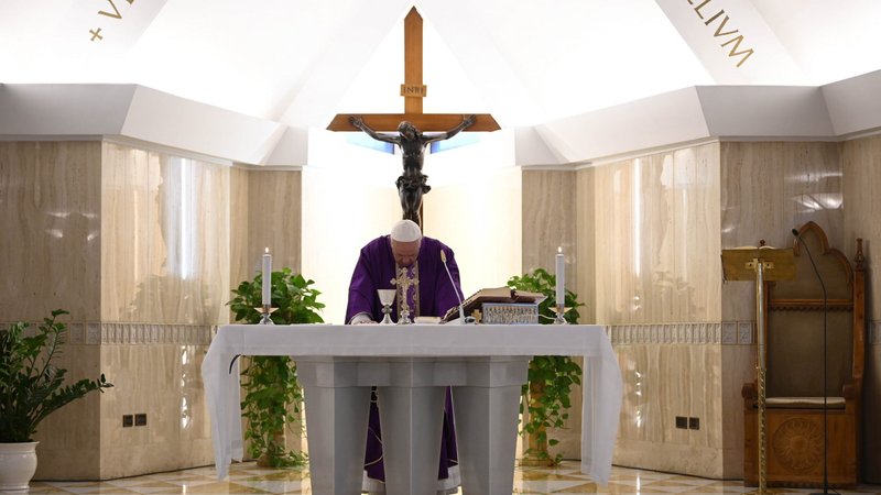 Pope Francis celebrates Mass March 12, 2020, in the chapel of his Vatican residence, the Domus Sanctae Marthae. At the beginning of the liturgy, the pope encouraged people to pray for their government leaders, who must make difficult decisions to contain the coronavirus pandemic. (CNS photo/Vatican Media)