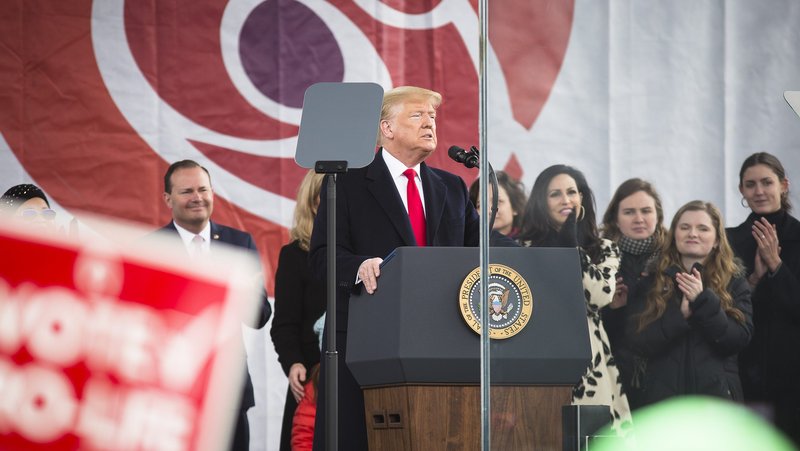 President Donald J. Trump speaks Jan. 24, 2020, during the annual March for Life rally in Washington. The latest Pew survey on religion and politics shows a big divide between white Christian and minority Christians, and non-Christian groups over their views of Trump. (CNS photo/Tyler Orsburn)