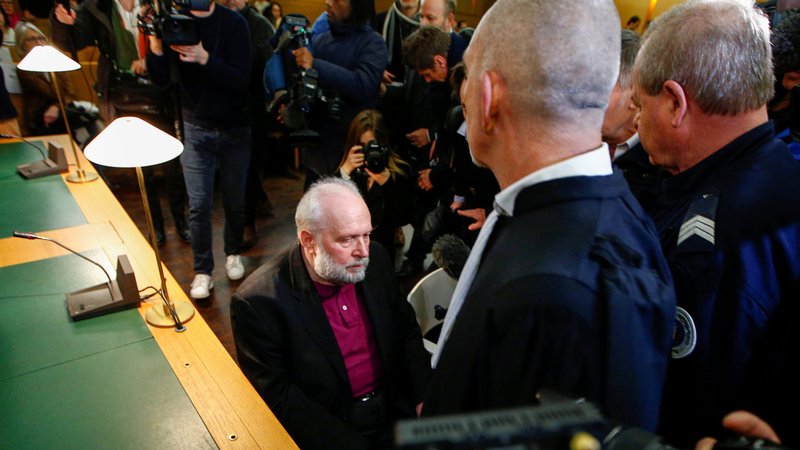 Former French priest Bernard Preynat is seen in a Lyon, France, courthouse Jan. 13, 2020. On March 16 he was sentenced to jail for five years for the sexual assaults of Scouts. (CNS photo/Emmanuel Foudrot, Reuters)