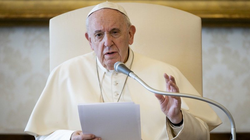 Pope Francis speaks during his general audience as it is livestreamed from the library of the Apostolic Palace at the Vatican March 18, 2020. (CNS photo/Vatican Media)