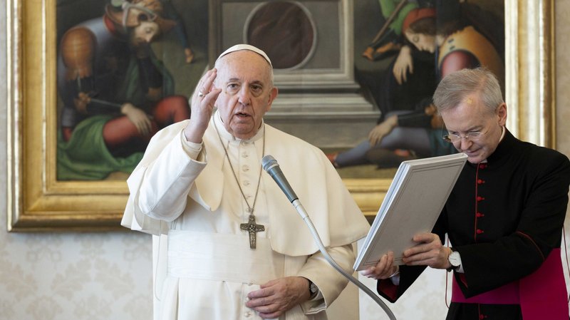 Pope Francis speaks during his general audience as it is livestreamed from the library of the Apostolic Palace at the Vatican March 18, 2020. (CNS photo/Vatican Media)