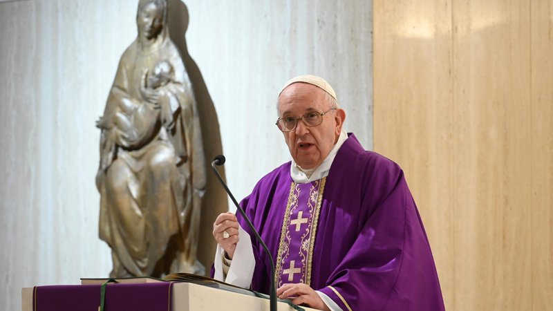 Pope Francis gives his homily during his livestreamed Mass March 24, 2020, from the chapel of his Vatican residence, the Domus Sanctae Marthae. (CNS photo/Vatican Media)