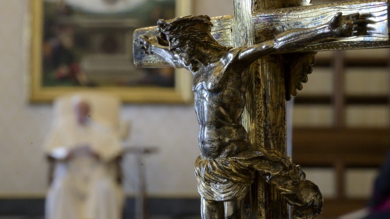 Pope Francis speaks during his general audience as it is livestreamed from the library of the Apostolic Palace at the Vatican March 25, 2020. (CNS photo/Vatican Media)