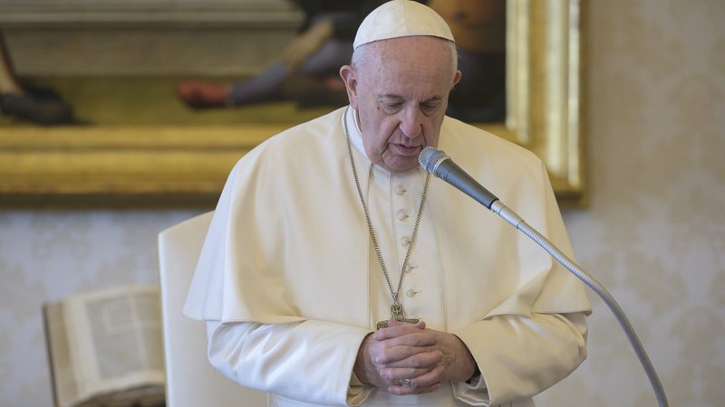 Pope Francis speaks during his general audience as it is livestreamed from the library of the Apostolic Palace at the Vatican March 25, 2020. (CNS photo/Vatican Media)