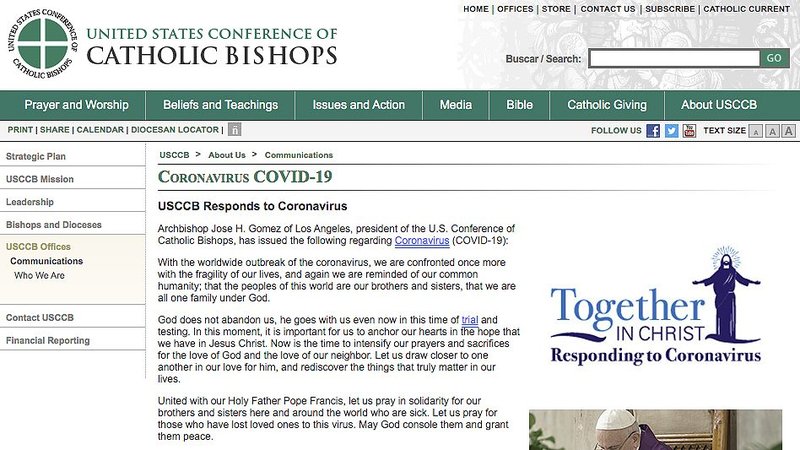 This is a screen grab of the U.S. Conference of Catholic Bishops' website. The website now offers resources for Catholics during the coronavirus pandemic. (CNS)