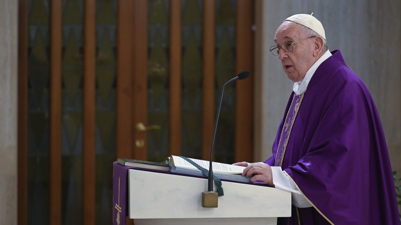 Pope Francis gives his homily during his livestreamed Mass from the chapel of his Vatican residence, the Domus Sanctae Marthae, March 26, 2020. (CNS photo/Vatican Media)