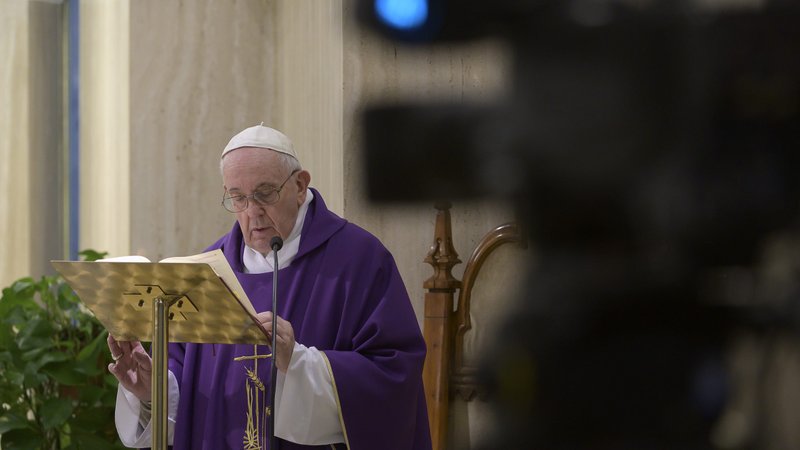 Pope Francis celebrates Mass in the chapel of his Vatican residence, the Domus Sanctae Marthae, March 31, 2020. The pope offered the Mass for those who are homeless, asking that they be helped, especially as communities have stay-at-home or shelter-in-place orders. (CNS photo/Vatican Media)
