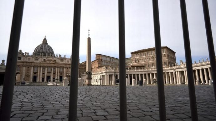 St. Peter's Square is seen behind a barricade erected at the edge of St. Peter's Square at the Vatican, in Rome, Tuesday, March 10, 2020. (Andrew Medichini/AP via Crux)