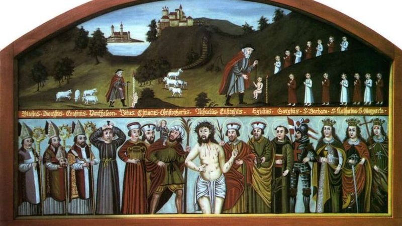 A depiction of the Fourteen Holy Helpers from Bavaria, 19th century, restored by Alois Liebwein. (Public domain via CNA)