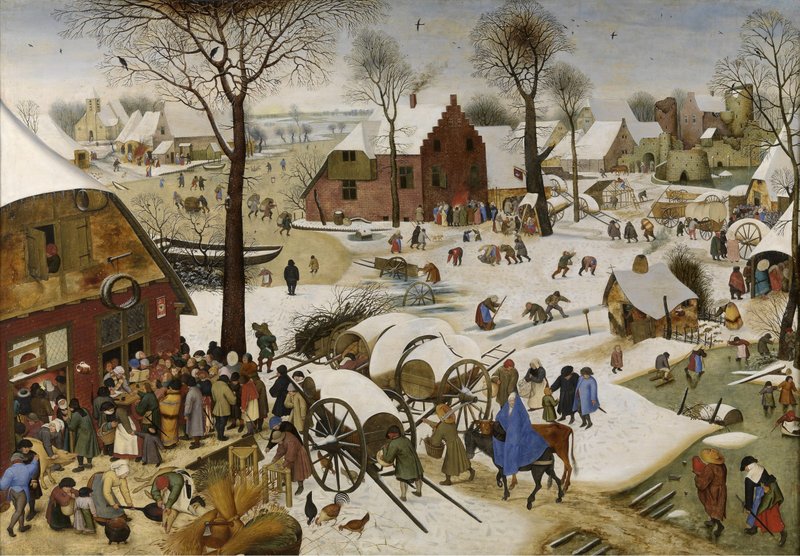 In "The Census at Bethlehem," by Peter Bruegel, 1566, the elder places the census of Jesus' birth in a Flemish village in winter at sundown. The Virgin Mary is depicted on horseback in the lower center with St. Joseph leading the way. (Royal Museums of Fine Arts of Belgium, Brussels/Wikimedia Commons)