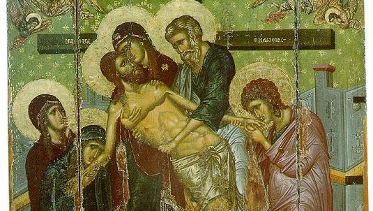 14th century Byzantine Icon of the "Descent from the Cross" from the Church of Saint Marina in Kalopanagiotis, Cyprus. St. Joseph of Arimathea is the figure standing in the center, in blue-green robes holding the Body of Christ. (Wikipedia)