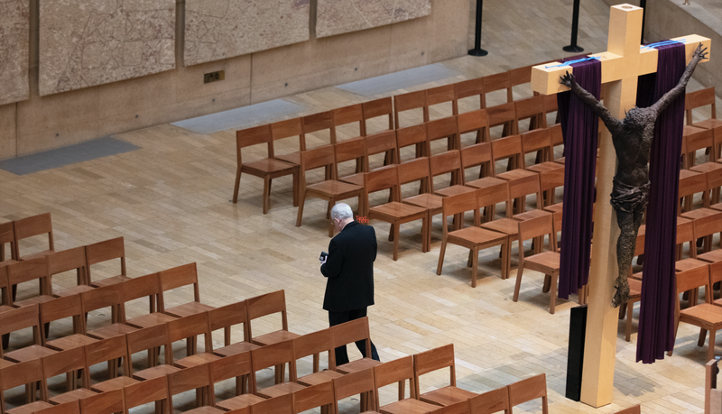 Archbishop Gomez leaves the nearly empty Cathedral of Our Lady of the Angels after leading LA Catholics in a special rosary, united with Pope Francis, to stop the spread of the coronavirus March 19. (Victor Alemán)