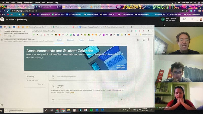 St. John Paul II STEM Academy principal Jeff Hilger presents to students via “distance learning” March 16. (ST. JOHN PAUL II STEM ACADEMY)