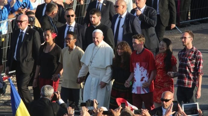 Pope Francis arrives for a July 30 prayer vigil with World Youth Day pilgrims at the Field of Mercy in Krakow, Poland. (CNS via Crux)