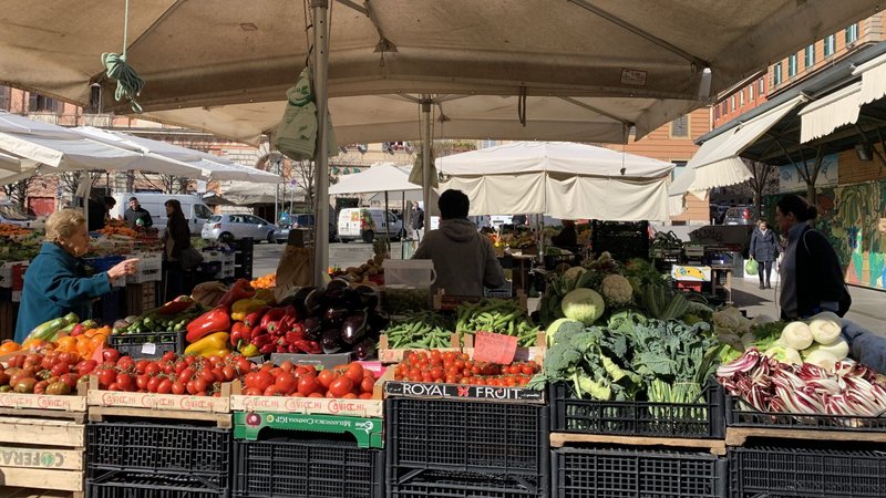 Vegetables vendors at a market in Piazza San Cosimato in Rome March 10, 2020. (CNS photo/Cindy Wooden)